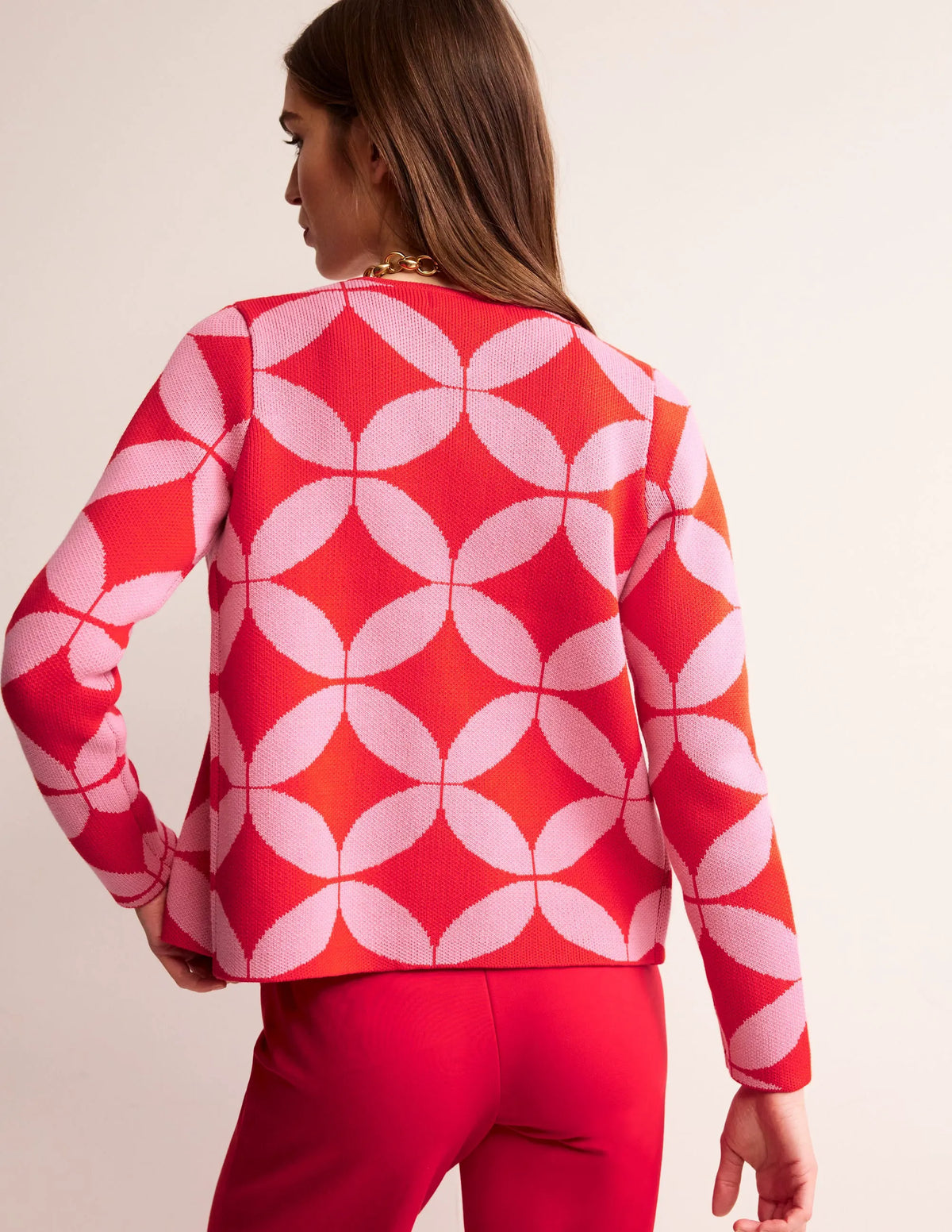 Jacquard Zip Up Cardigan-Ruby Red, Diamond Terrace