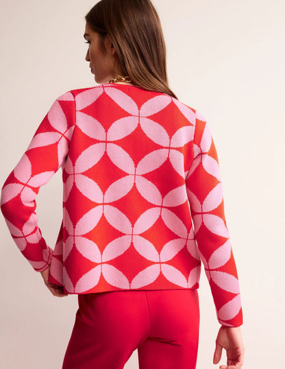 Jacquard Zip Up Cardigan-Ruby Red, Diamond Terrace