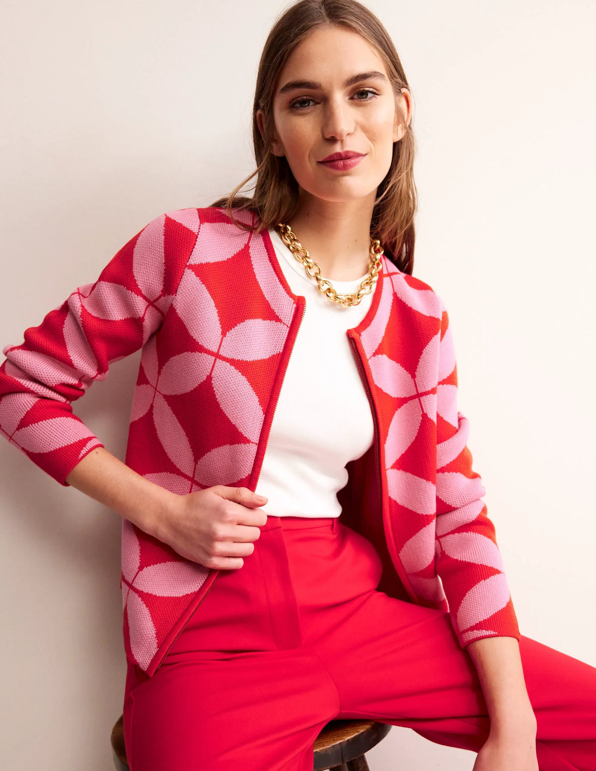 Jacquard Zip Up Cardigan-Ruby Red, Diamond Terrace