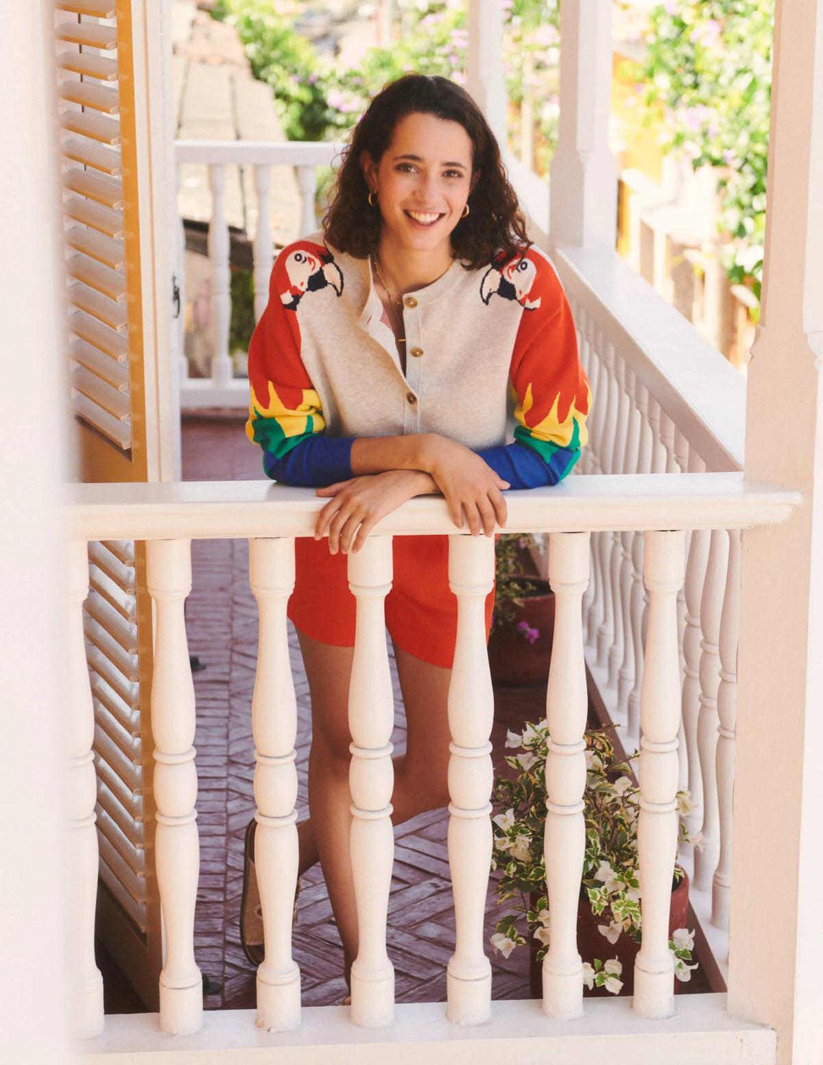 Novelty Knitted Cardigan-Pale Grey Melange, Parrots