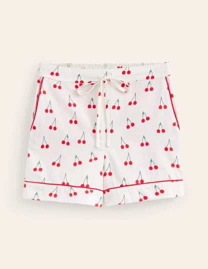 Cotton Sateen Pyjama Shorts-Ivory, Cherry Vine