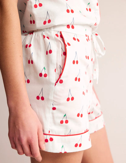 Cotton Sateen Pyjama Shorts-Ivory, Cherry Vine