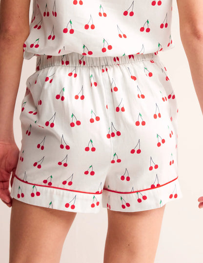 Cotton Sateen Pyjama Shorts-Ivory, Cherry Vine
