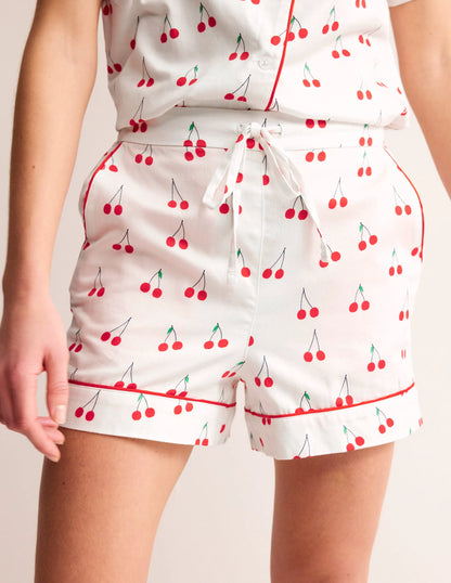 Cotton Sateen Pyjama Shorts-Ivory, Cherry Vine