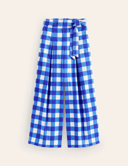 Palazzo Cotton Sateen Pants-Nautical Blue & Ivory Gingham