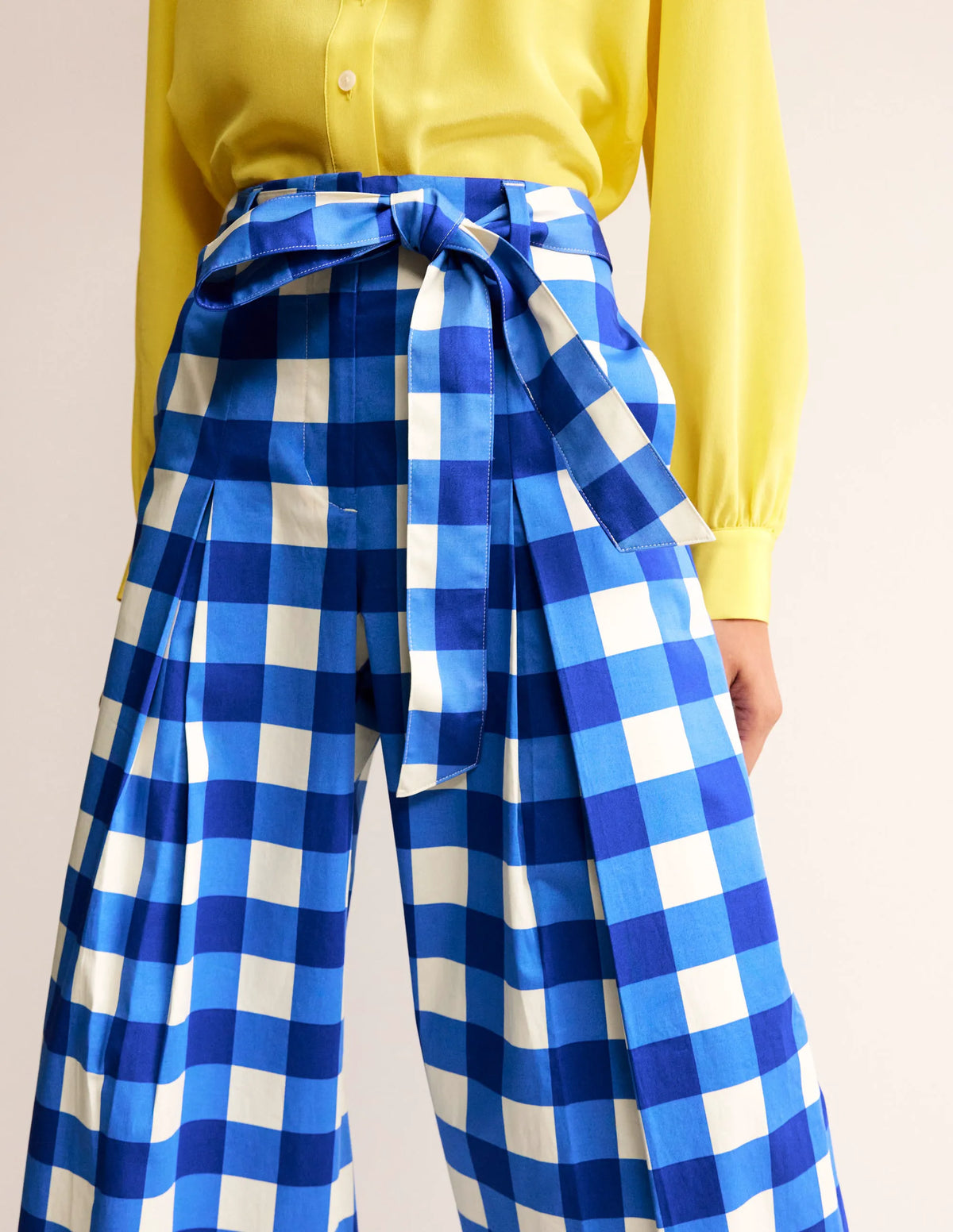 Palazzo Cotton Sateen Pants-Nautical Blue & Ivory Gingham