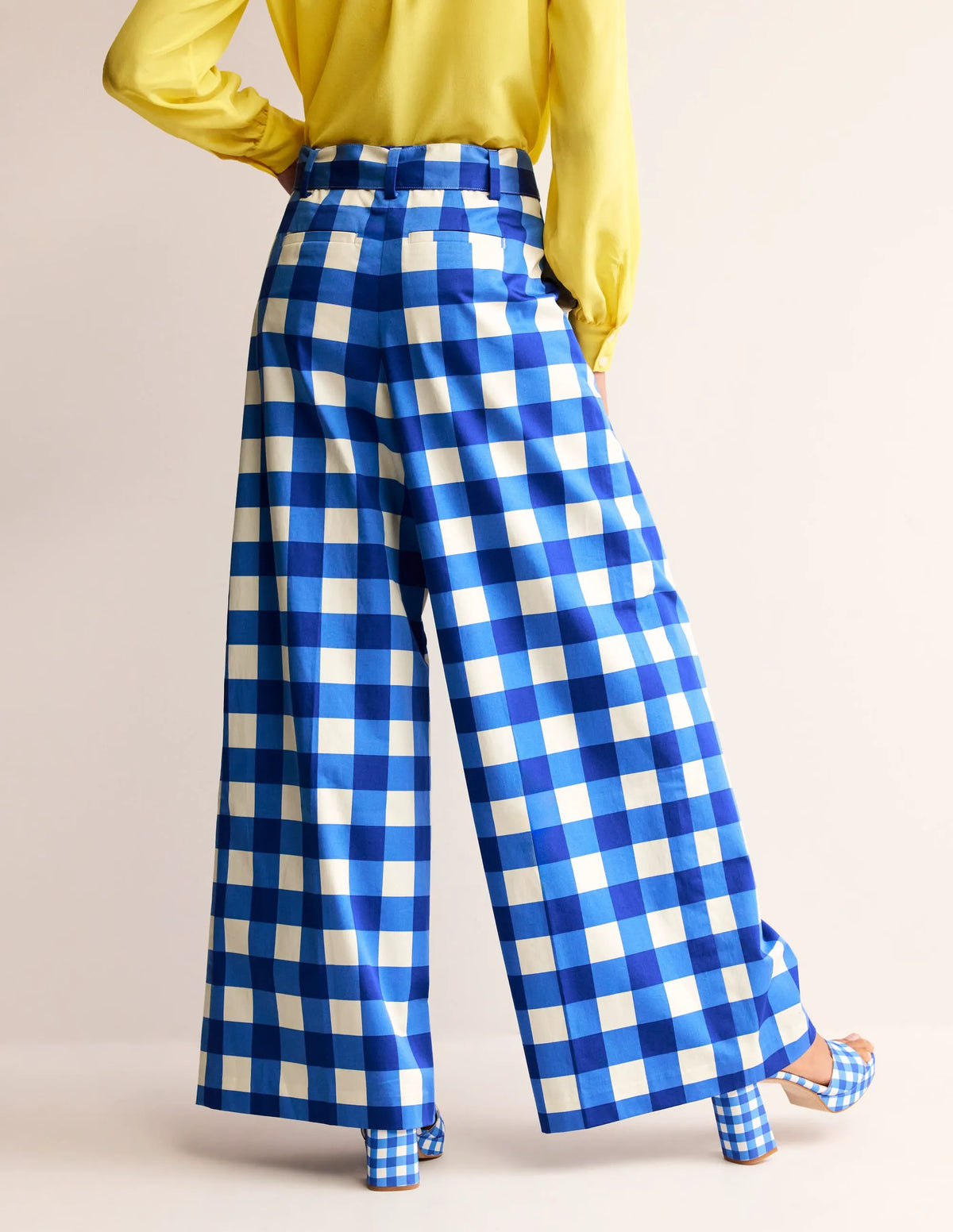 Palazzo Cotton Sateen Pants-Nautical Blue & Ivory Gingham
