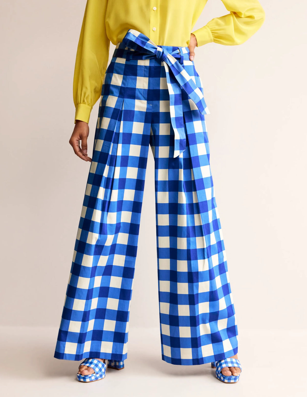 Palazzo Cotton Sateen Pants-Nautical Blue & Ivory Gingham