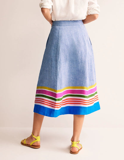 Stripe Hem Linen Skirt-Blue Multistripe