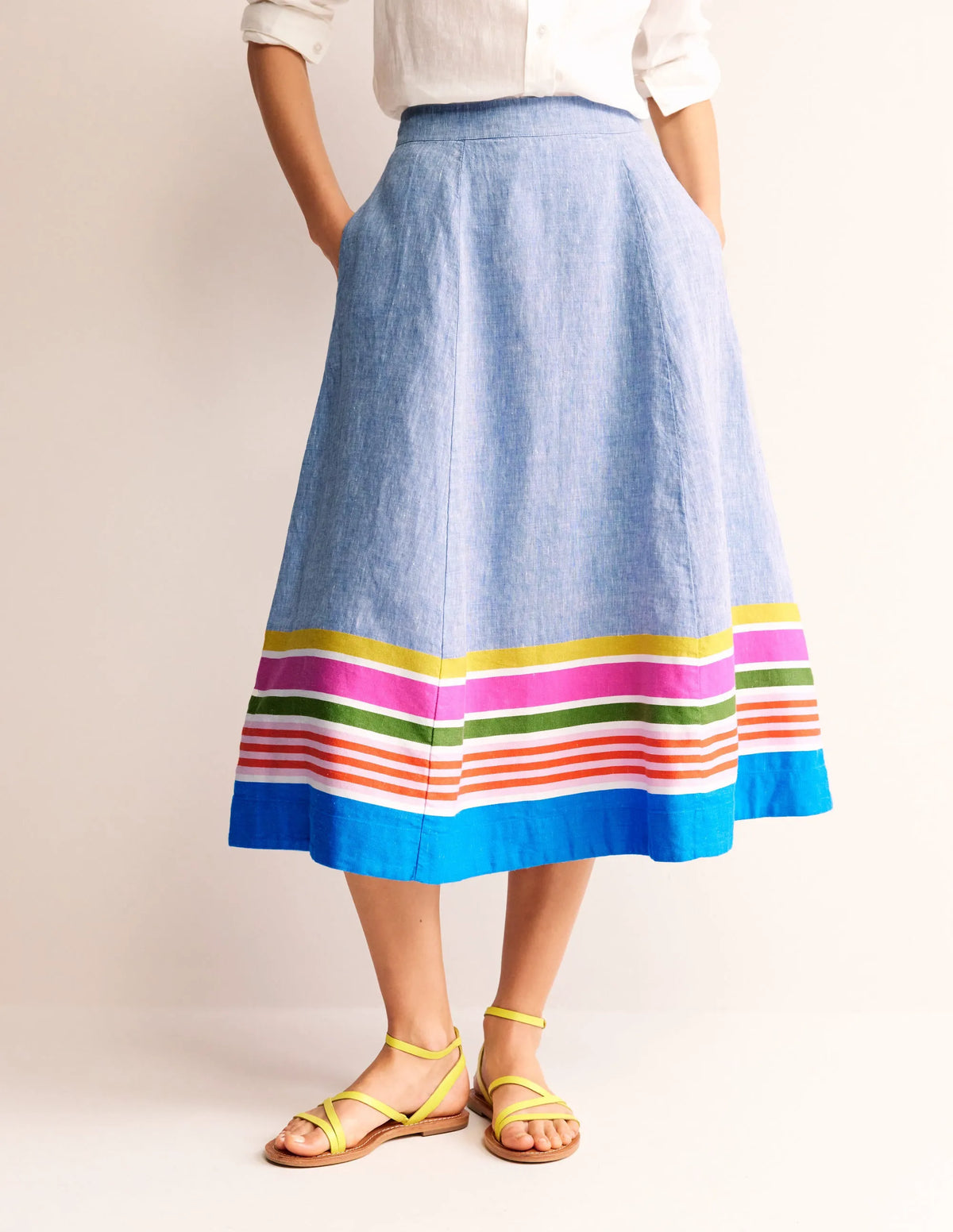 Stripe Hem Linen Skirt-Blue Multistripe