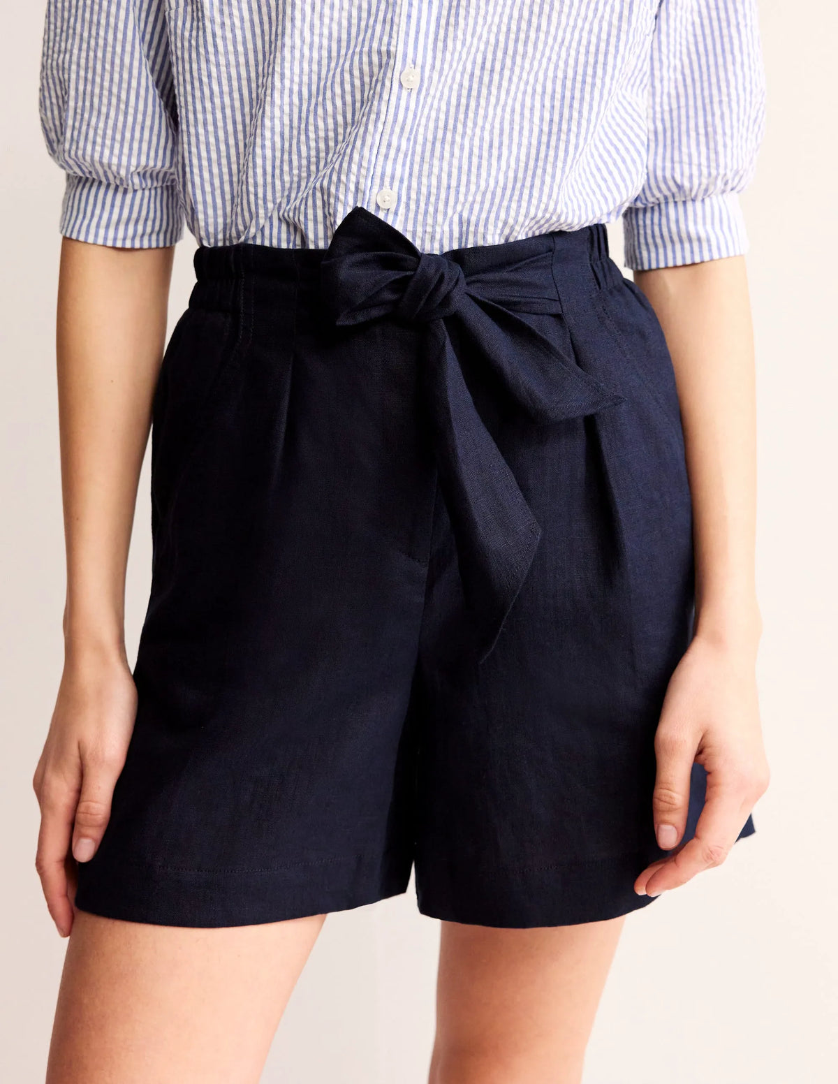 Tie Waist Linen Shorts-Navy