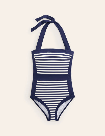 Santorini Halterneck Swimsuit-French Navy, Ivory Stripe