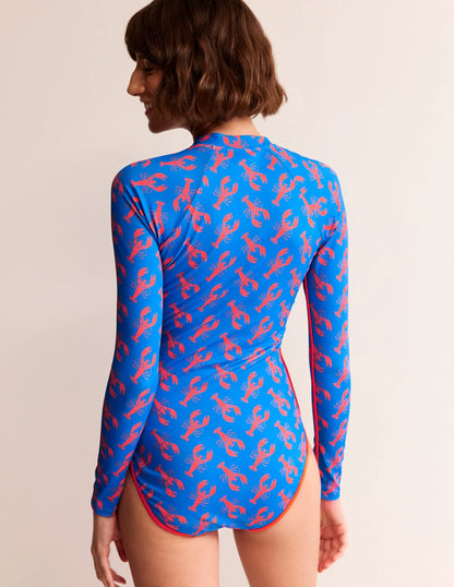 Piped Raglan Sleeve Swimsuit-Indigo Bunting, Lobster
