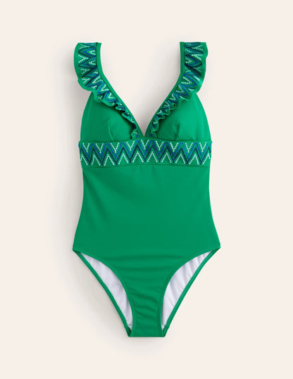 Embroidered Ruffle Swimsuit-Green