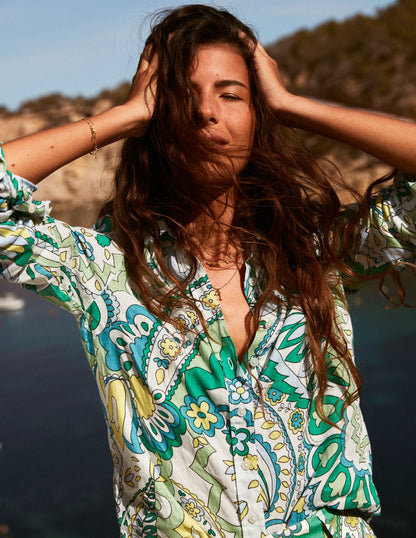 Sienna Linen Shirt-Emerald, Foliage Paisley