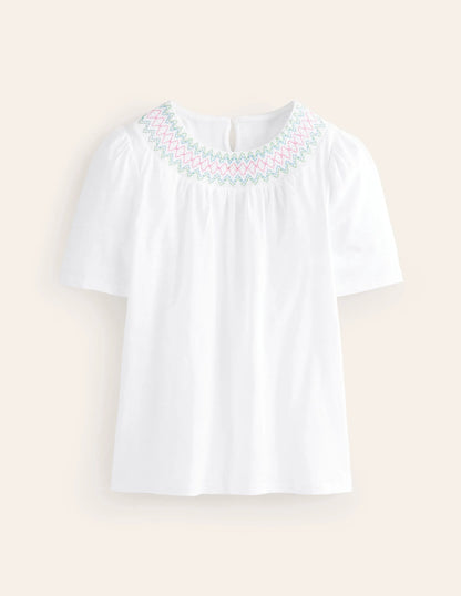 Smock Neck Puff Sleeve Top-White