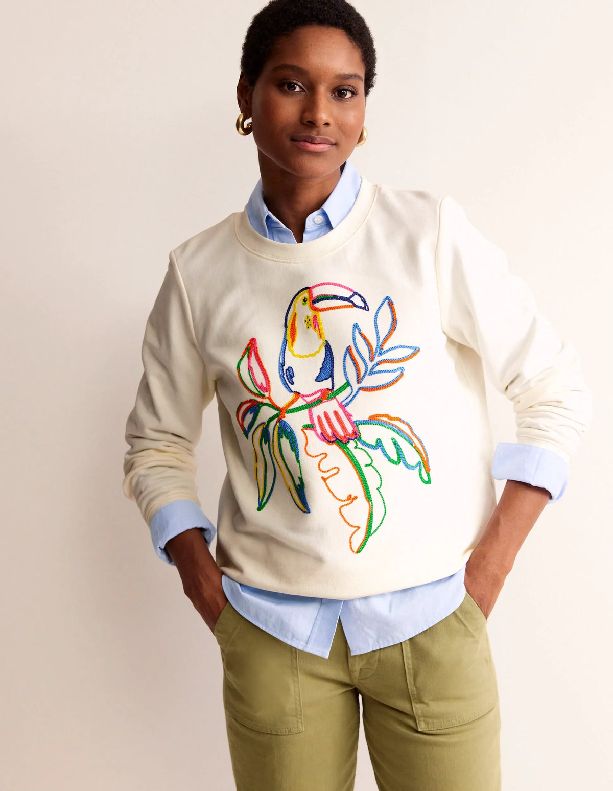Hannah Embroidered Sweatshirt-Ivory, Embroidered Toucan