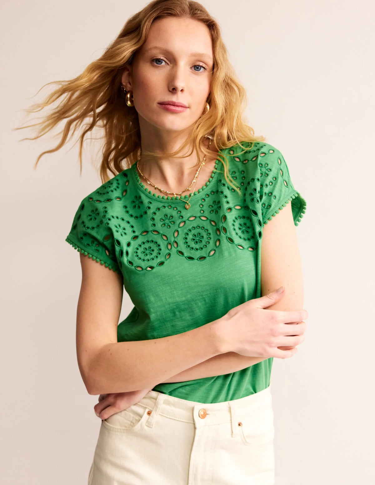 Sasha Broderie T-Shirt-Kelly Green