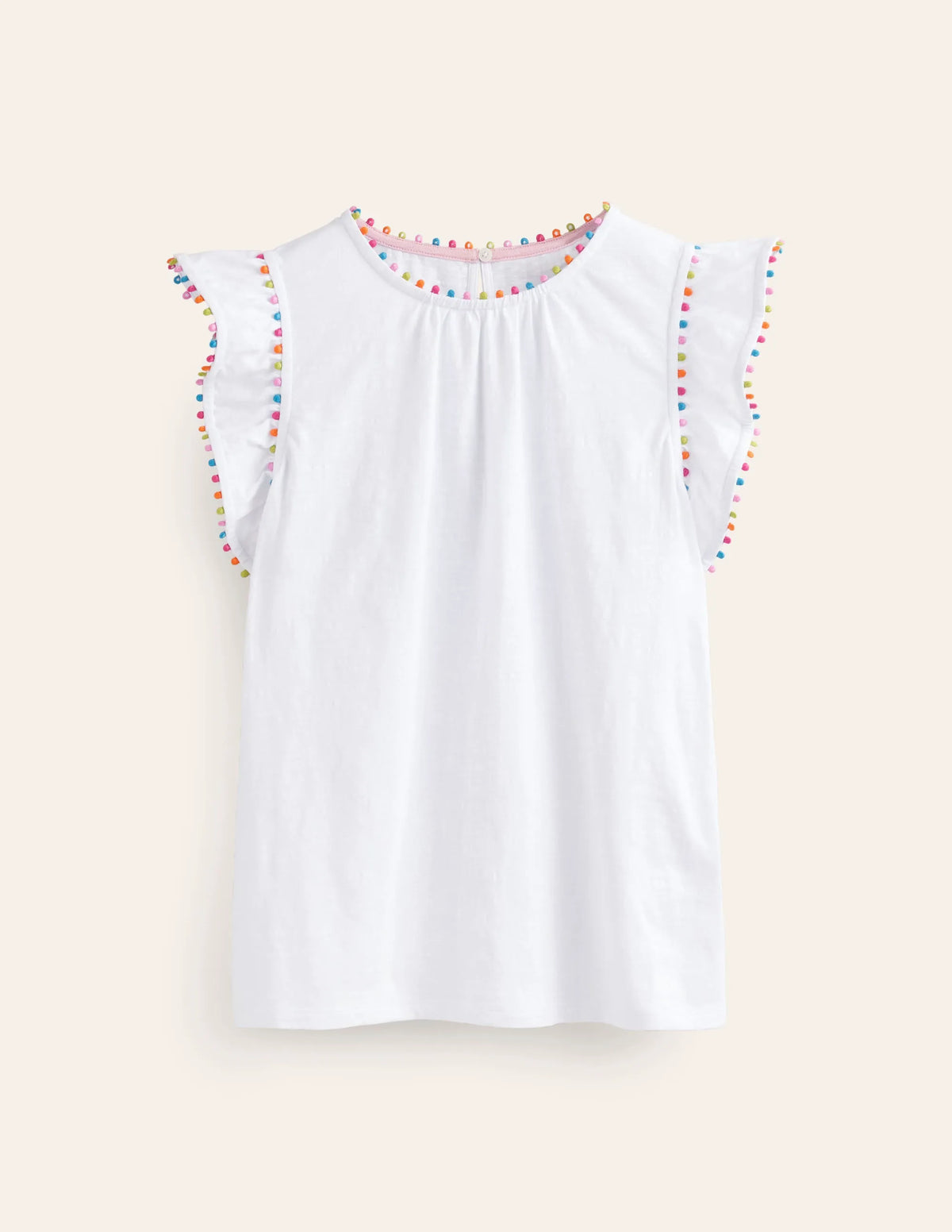 Pom Trim Ruffle Sleeve Top-White