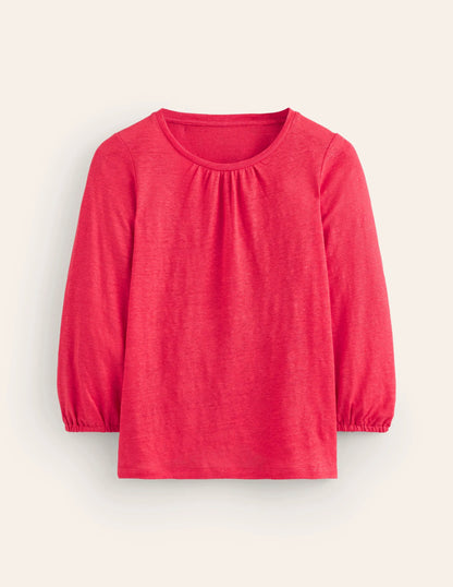 Gathered Neck Linen Jersey Top-Hibiscus