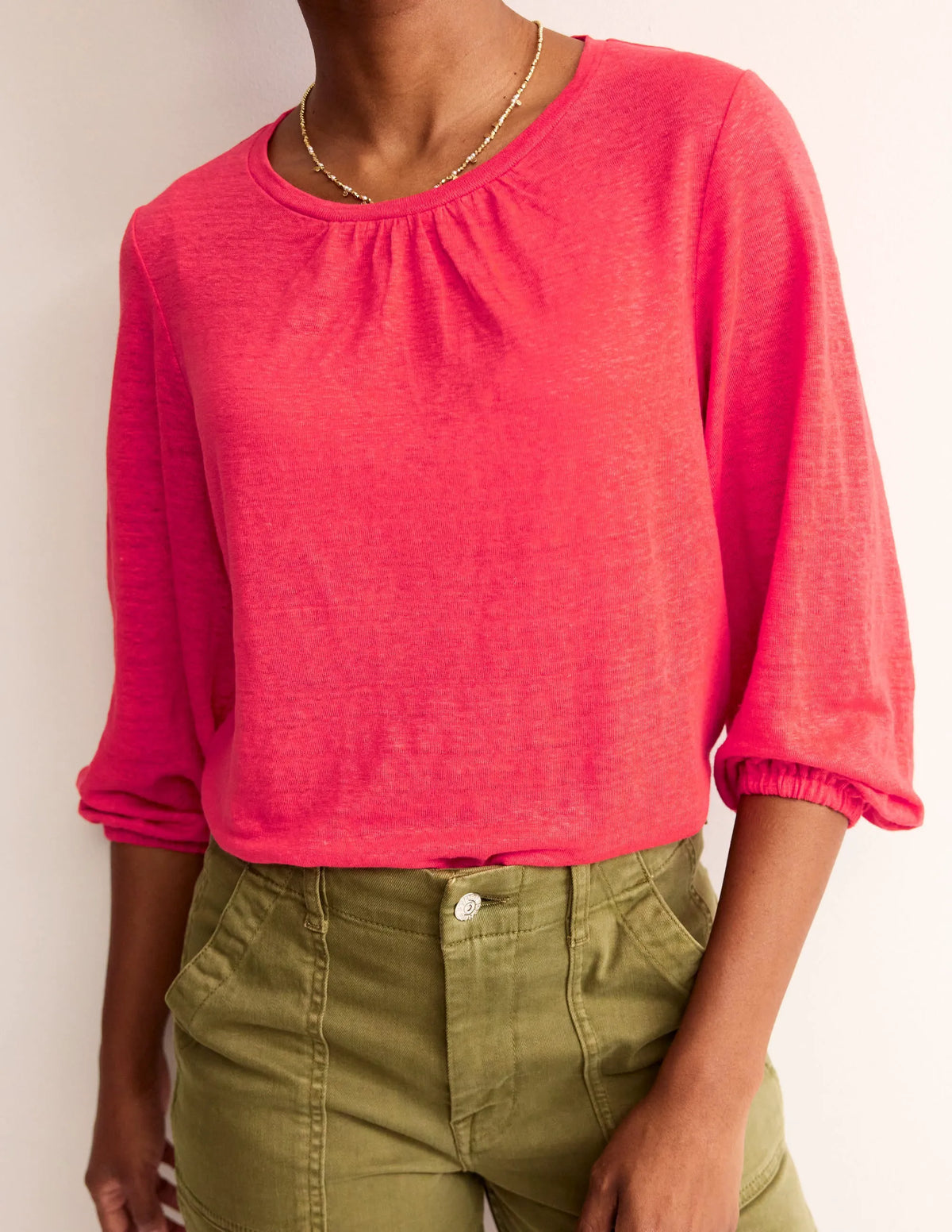 Gathered Neck Linen Jersey Top-Hibiscus