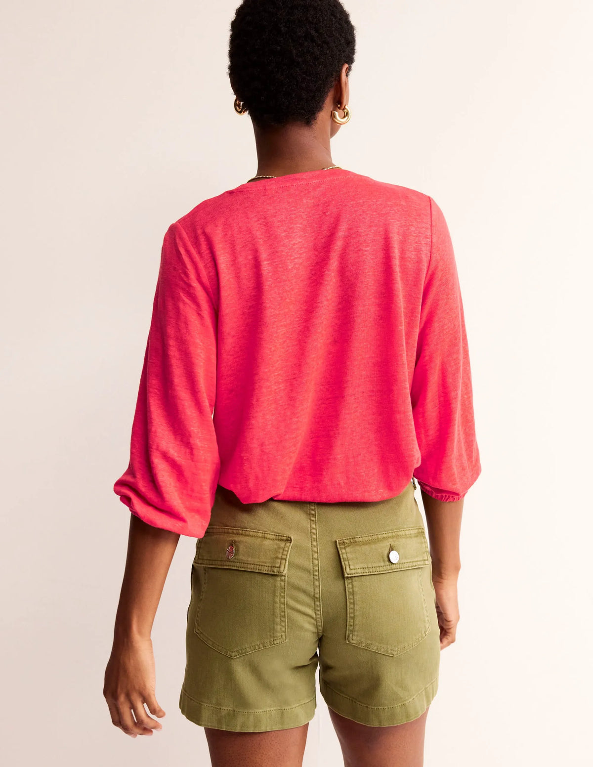 Gathered Neck Linen Jersey Top-Hibiscus