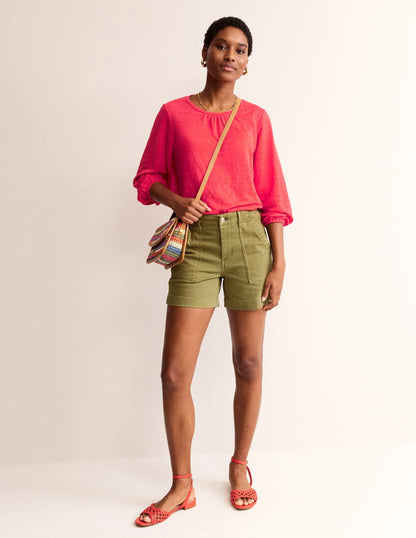Gathered Neck Linen Jersey Top-Hibiscus