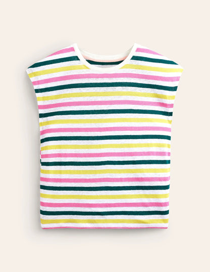 Louisa Crew Neck Linen T-shirt-Multi Stripe