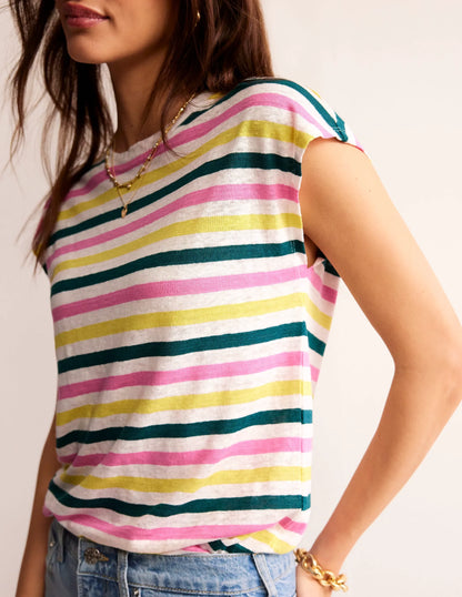 Louisa Crew Neck Linen T-shirt-Multi Stripe