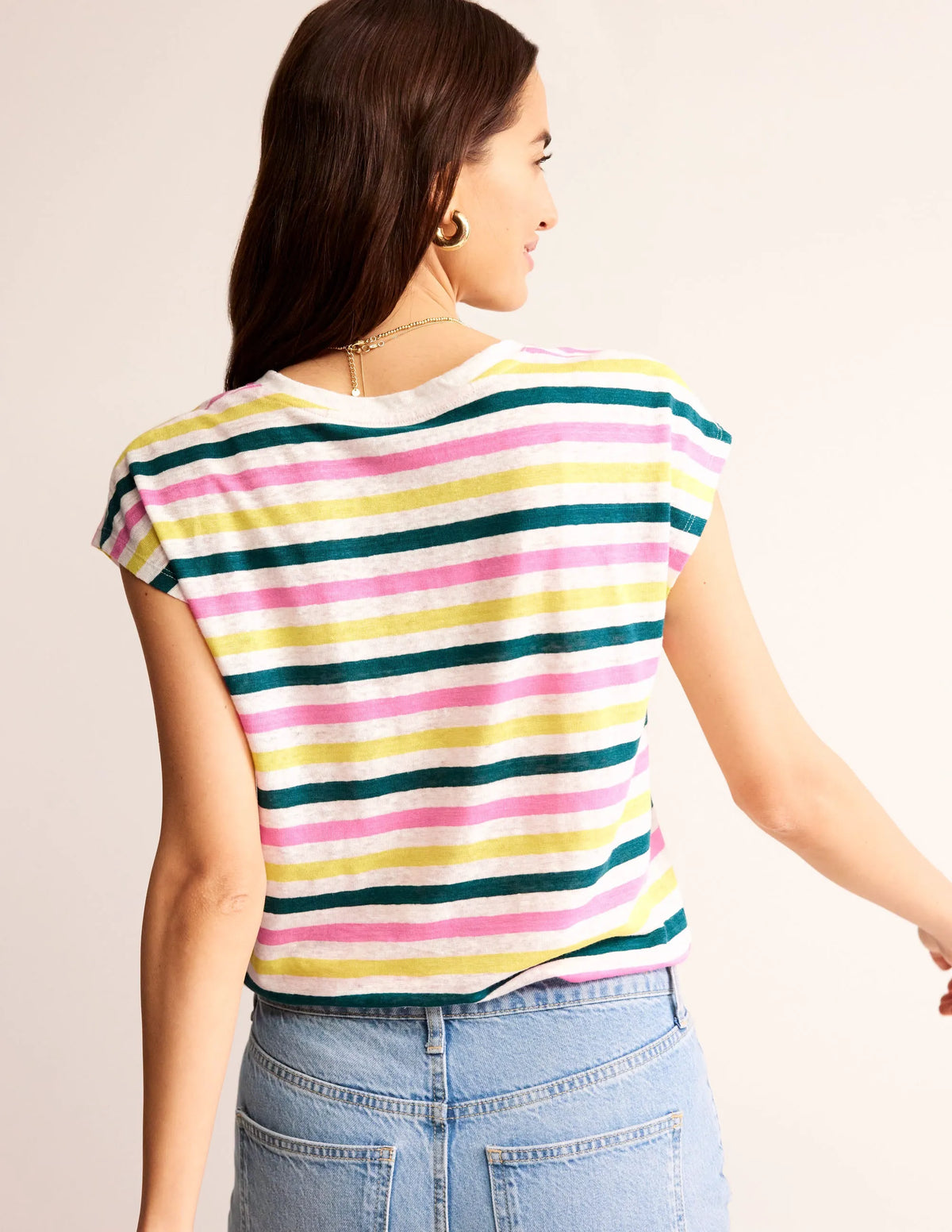 Louisa Crew Neck Linen T-shirt-Multi Stripe