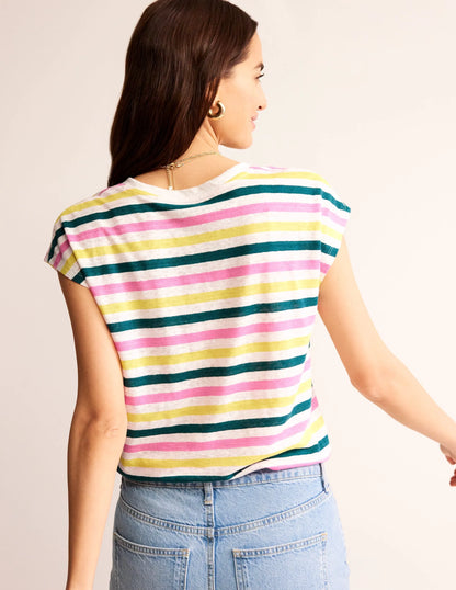 Louisa Crew Neck Linen T-shirt-Multi Stripe