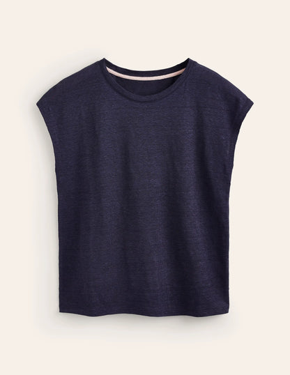 Louisa Crew Neck Linen T-shirt-Navy