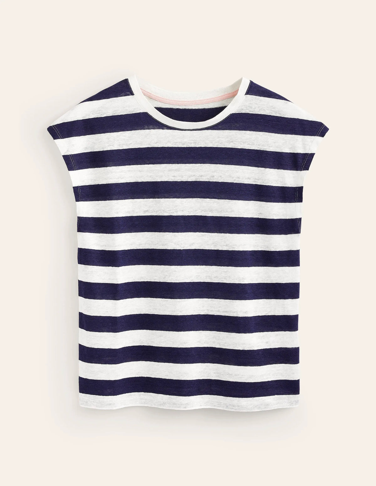 Louisa Crew Neck Linen T-shirt-Navy, Ivory Stripe