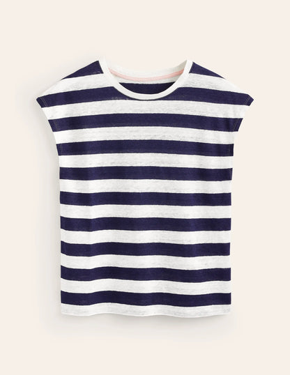 Louisa Crew Neck Linen T-shirt-Navy, Ivory Stripe