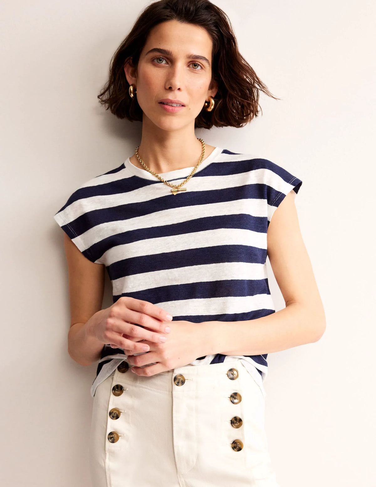 Louisa Crew Neck Linen T-shirt-Navy, Ivory Stripe
