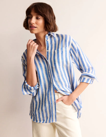 Connie Relaxed Linen Shirt-Cobalt Stripe