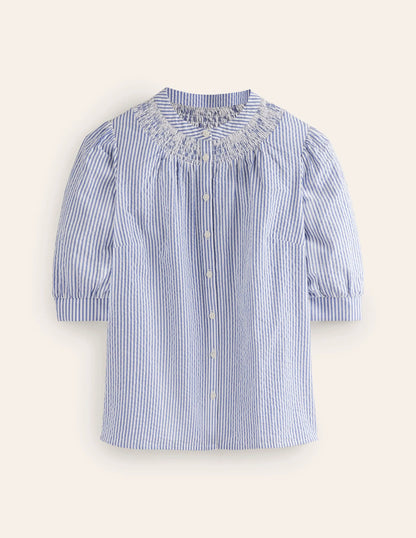 Ada Seersucker Top-Bright Blue, Ivory