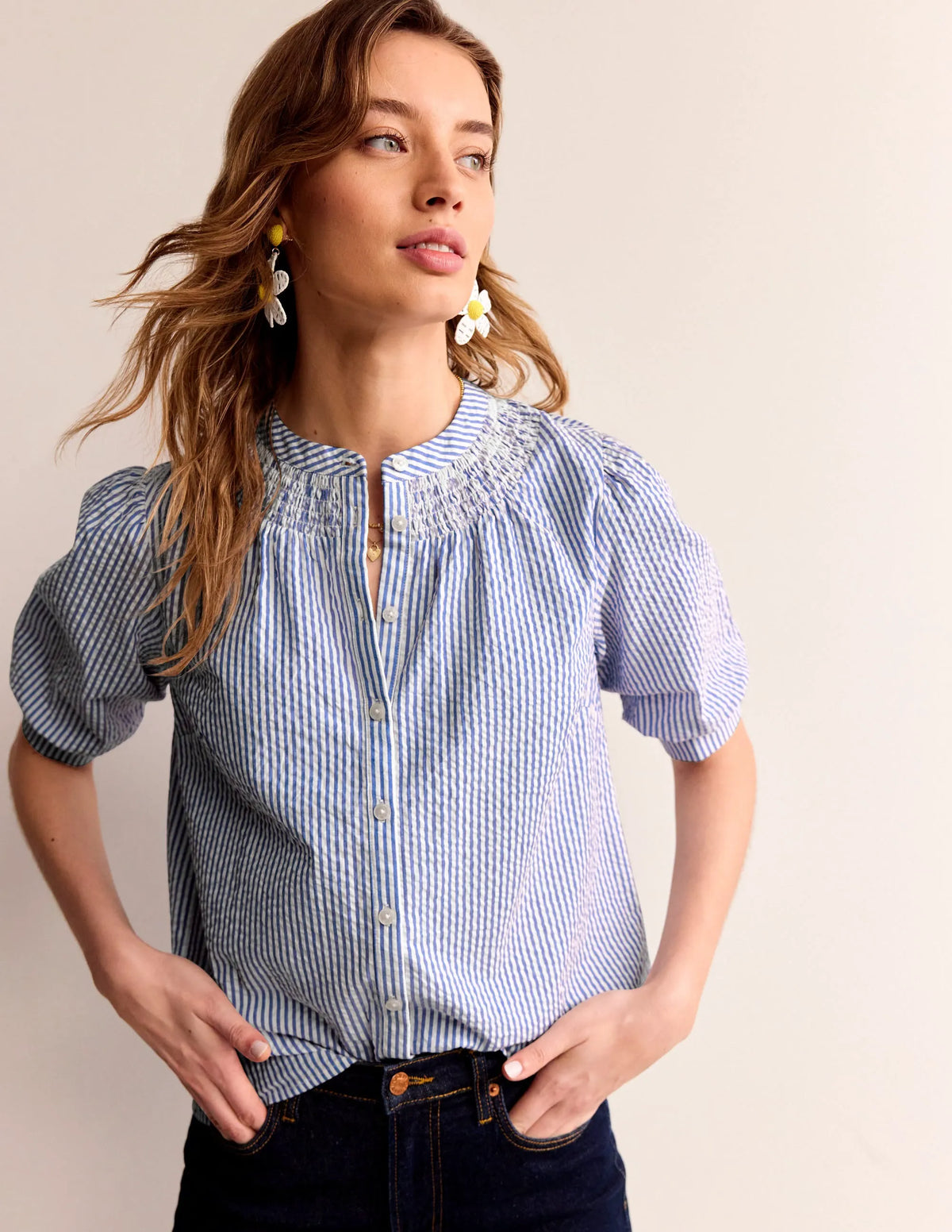 Ada Seersucker Top-Bright Blue, Ivory