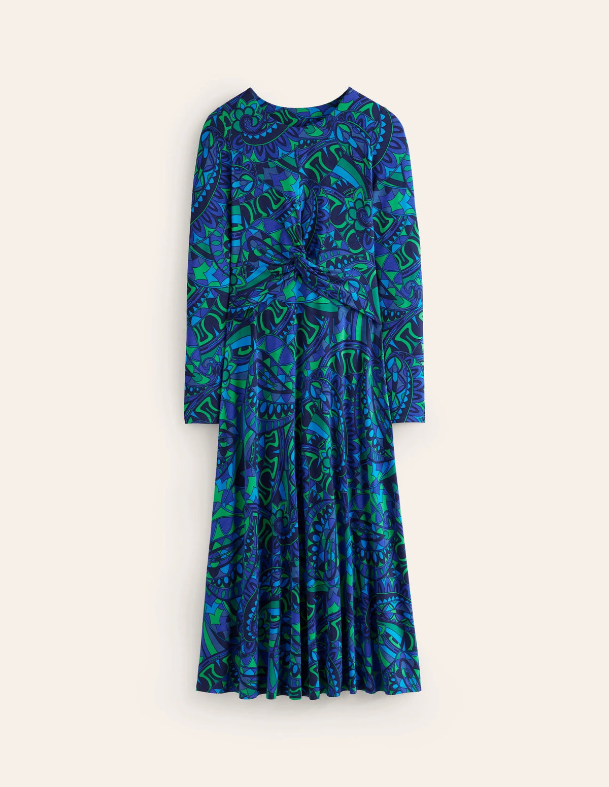 Twisted Waist Jersey Dress-Blue, Kaleidoscopic Paisley