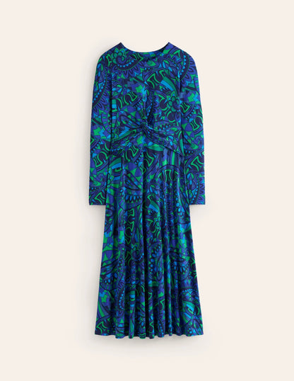 Twisted Waist Jersey Dress-Blue, Kaleidoscopic Paisley