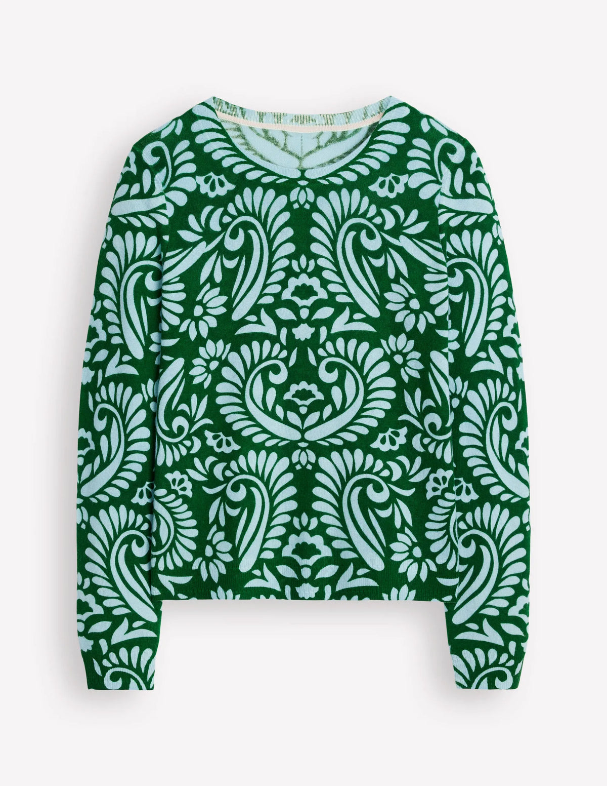 Eva Cashmere Crew Neck Sweater-Pine Green, Decorative Flora