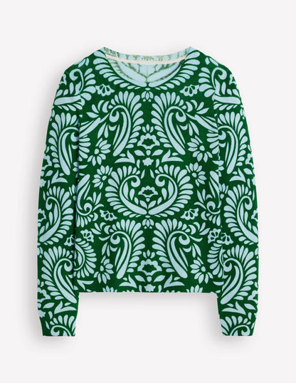 Eva Cashmere Crew Neck Sweater-Pine Green, Decorative Flora