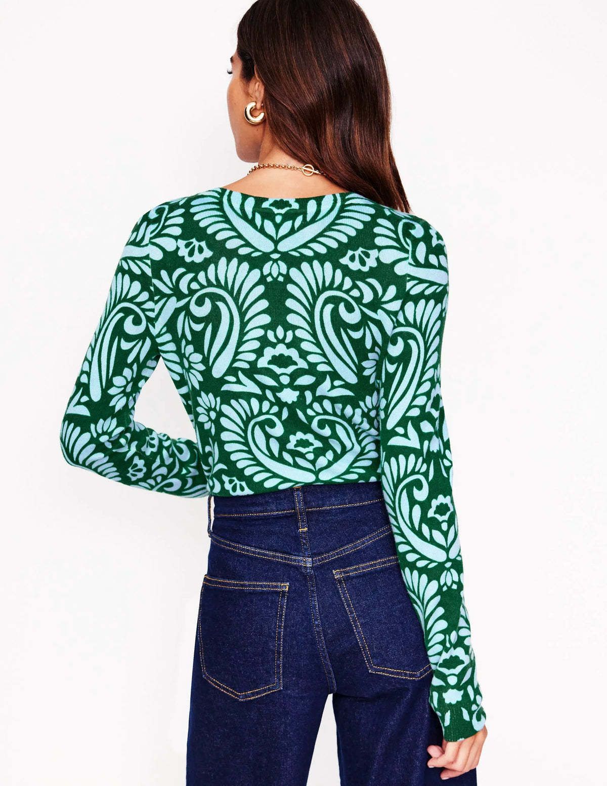 Eva Cashmere Crew Neck Sweater-Pine Green, Decorative Flora