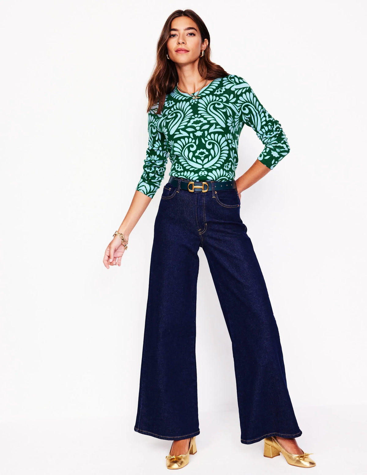 Eva Cashmere Crew Neck Sweater-Pine Green, Decorative Flora