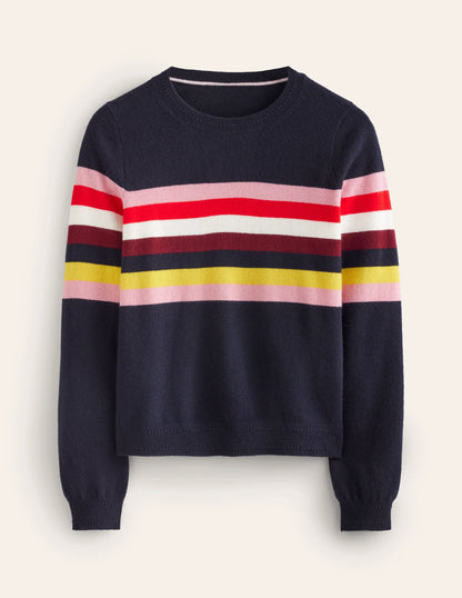 Eva Cashmere Crew Neck Sweater-Navy, Rainbow