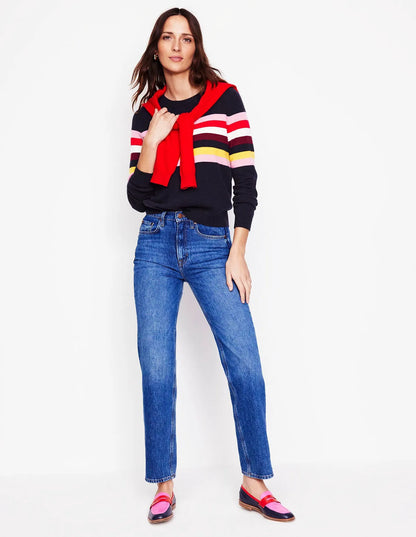 Eva Cashmere Crew Neck Sweater-Navy, Rainbow