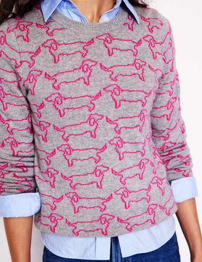 Heather Jacquard Sweater-Grey Marl, Pink Sausage Dog
