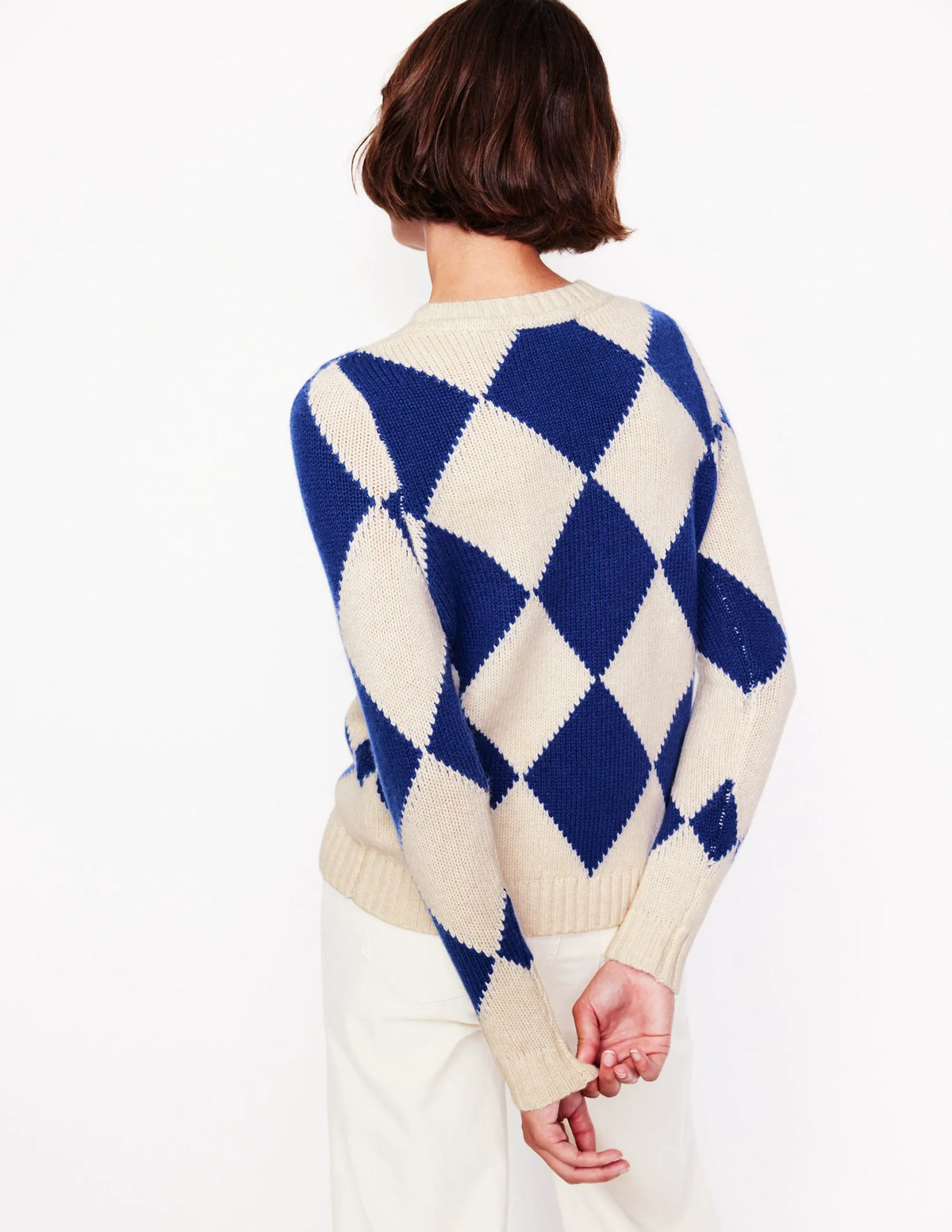 Argyle Crew Neck Sweater-Ecru Marl, Bright Blue
