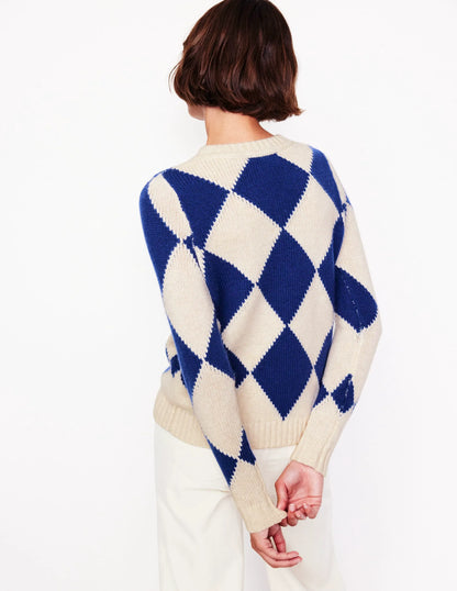 Argyle Crew Neck Sweater-Ecru Marl, Bright Blue
