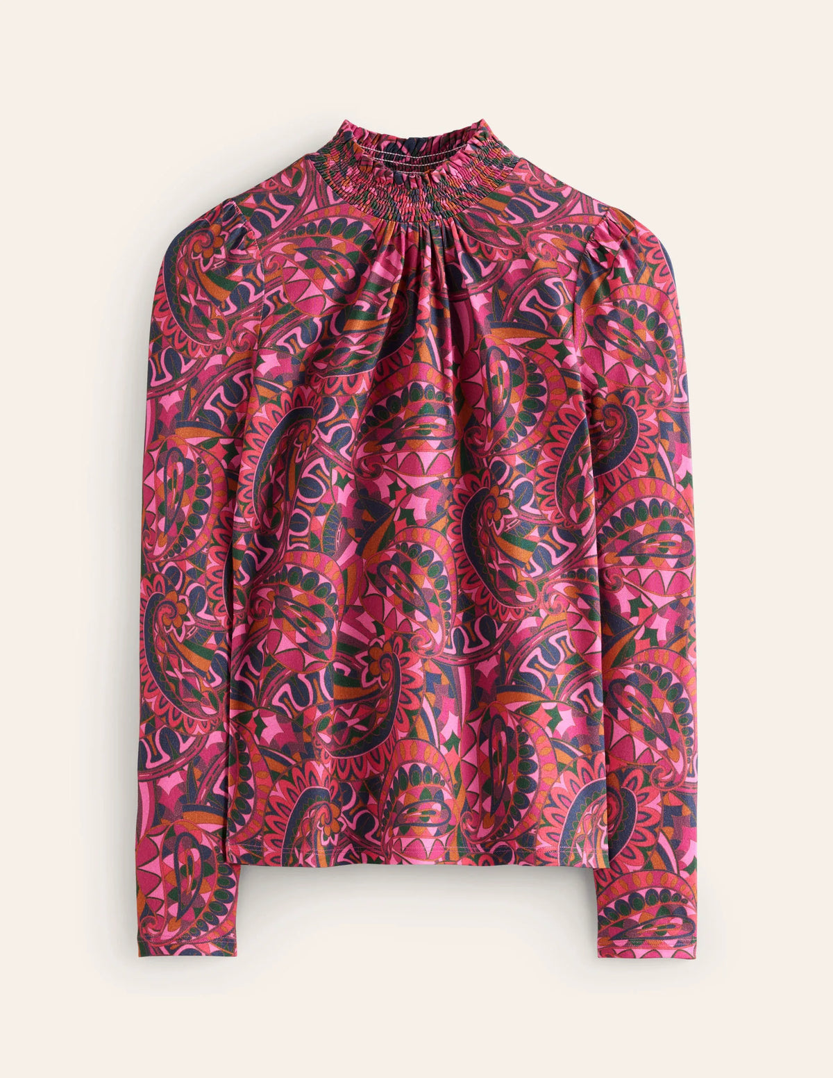 Smocked Neck Printed Top-Jam, Kaleidoscopic Paisley